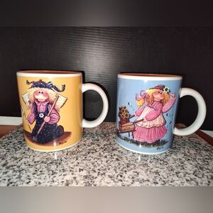 Mindy Cain Designpac Ceramic Coffee Mugs 10 oz. Farm Gardening Angel Cups. 2 Lot